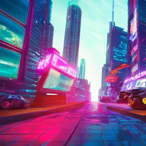 Image similar to Neon cyberpunk cityscape of Toronto with flying cars and advertisement screens, Blender 3D, Unreal Engine, 8k, by Jordan Grimmer and Andrea Pozzo