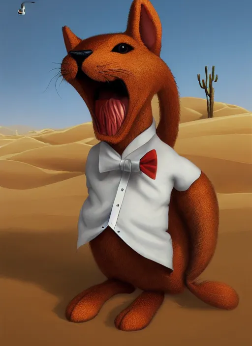 Prompt: Character portrait of a happy furry cartoon anthro stoat wearing a white_dress_shirt, tan_vest, red_bowtie, and black_slacks in the desert wilderness, intricate, elegant, highly detailed, digital painting, artstation, concept art, smooth, sharp focus, illustration, art by Krenz Cushart and Artem Demura and alphonse mucha