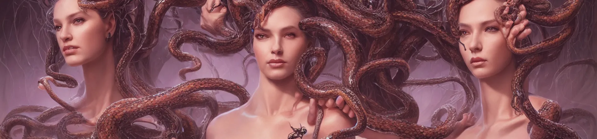 Prompt: beauty woman with snakes for hair, Medusa, detailed face, surrounded by spiders, very detailed, dramatic lighting, electrical details, high details, 4k, 8k, trending on artstation, by Greg Rutkowski, Wayne Barlowe, Hajime Sorayama and Boris Vallejo