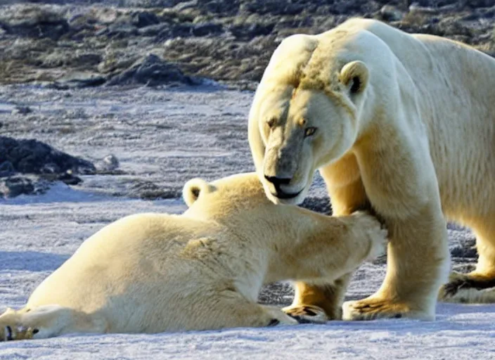 Image similar to a lion fighting a polar bear