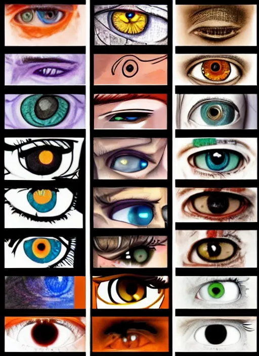 Image similar to diverse eyes!, dot pupils, advanced art, art styles mix, from wikipedia, grid of styles, various eye shapes