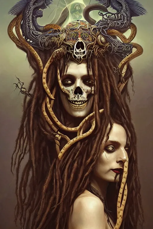 Prompt: evil angels that look like hippies with dreadlocks dancing with snakes, fantasy, face with skull mask, long hair, intricate, elegant, highly detailed, digital painting, artstation, concept art, smooth, sharp focus, illustration, art by artgerm and greg rutkowski and aleister crowley