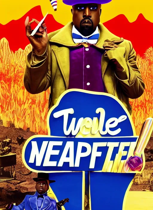 Image similar to Kanye West as willy wonka in fallout new vegas, splash art, movie still, cinematic lighting, dramatic, octane render, long lens, shallow depth of field, bokeh, anamorphic lens flare, 8k, hyper detailed, 35mm film grain
