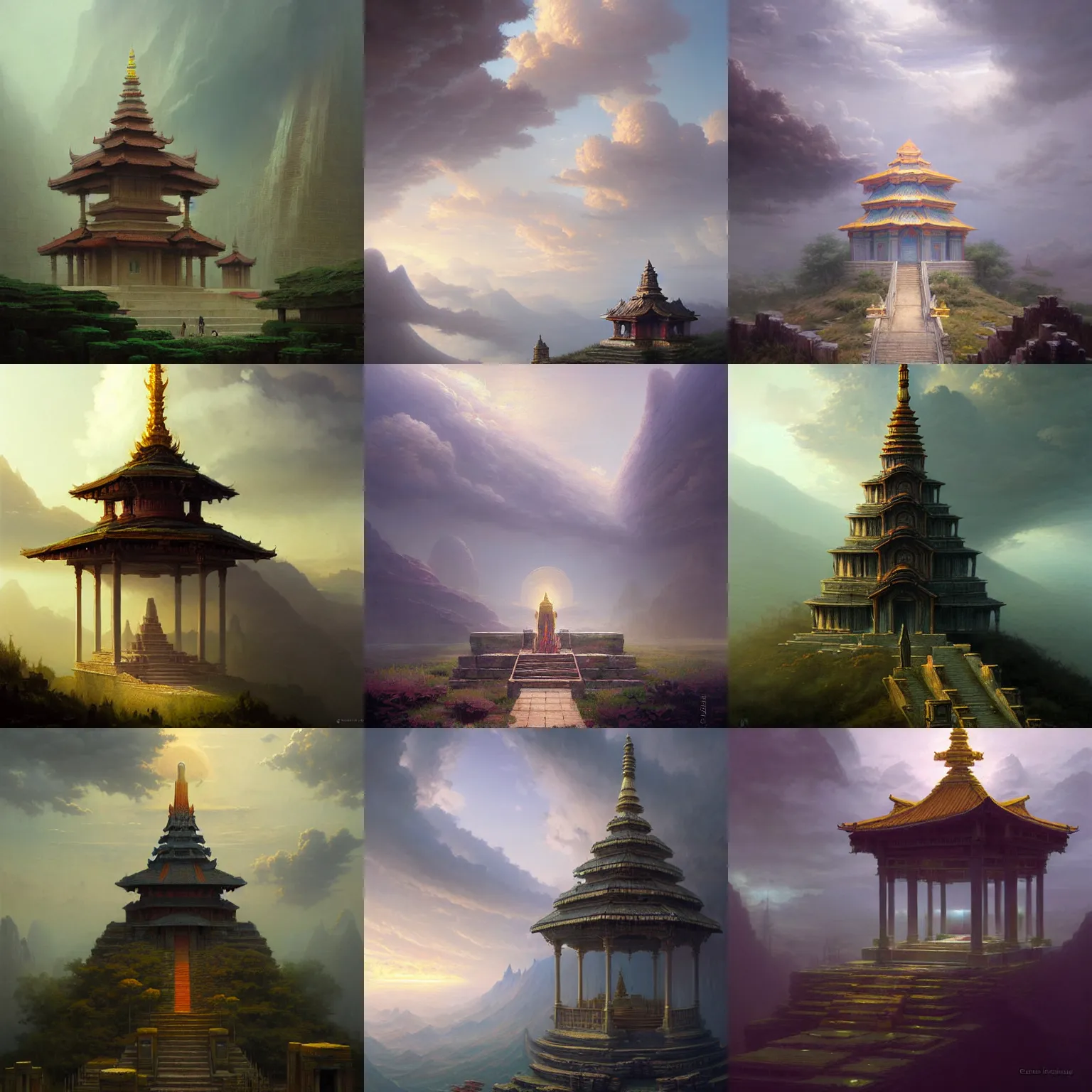 Prompt: a temple in the clouds, depth of field, wide perspective by greg rutkowski and james gurney