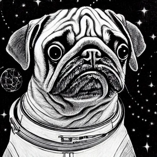 Image similar to pencil art, golden - ratio, spirals, highly detailed, astronaut pug in outer space by davinci.