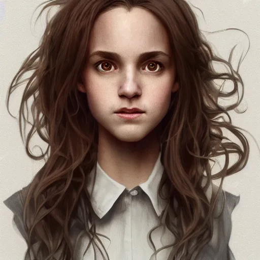 Image similar to hermione granger, au naturel, grey eyes, hyper detailed, digital art, trending in artstation, cinematic lighting, studio quality, smooth render, unreal engine 5 rendered, octane rendered, concept art, smooth, sharp focus, illustration, art by artgerm and greg rutkowski and alphonse mucha and ian sprigger and wlop and krenz cushart