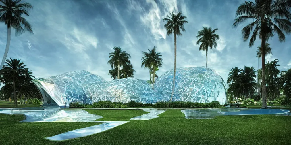 Image similar to futuristic translucent iridescent mosque exterior, hive power architecture, lush lawn, palm trees, by Buckminster Fuller and photo by denis villeneuve , inspired by Mining by Risa lin on art station