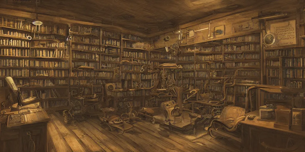 Image similar to steampunk oceanographer study, maps crowding the walls, bookshelves, paintings of ocean topography, sonar equipment, marine biologist lab, bookshelves, incandescent lighting, unreal engine, bibliopunk