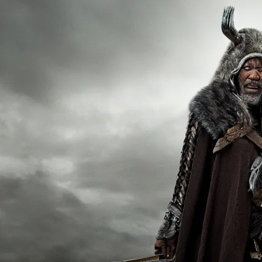 Prompt: morgan freeman in a dark viking hood playing odin all father from the thor movie, highly detailed, cinematic shot, cinematic lighting, 8 k, exquisit facial detail