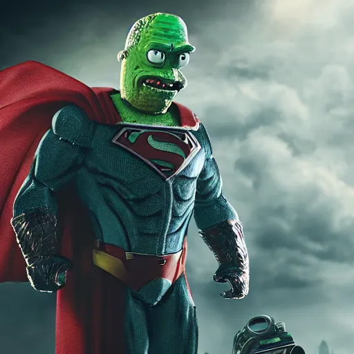 Image similar to pickle rick as superman! in gears of war, splash art, movie still, detailed face, photorealistic facial features, cinematic lighting, dramatic, octane render, long lens, shallow depth of field, bokeh, anamorphic lens flare, 8 k, hyper detailed, 3 5 mm film grain