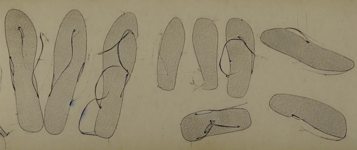 Image similar to detailed blueprint sketches of flip flops, labelled, high detail, realistic, professional, notes, diagram, by leonardo davinci, on yellow paper, worn, pencil, sketch