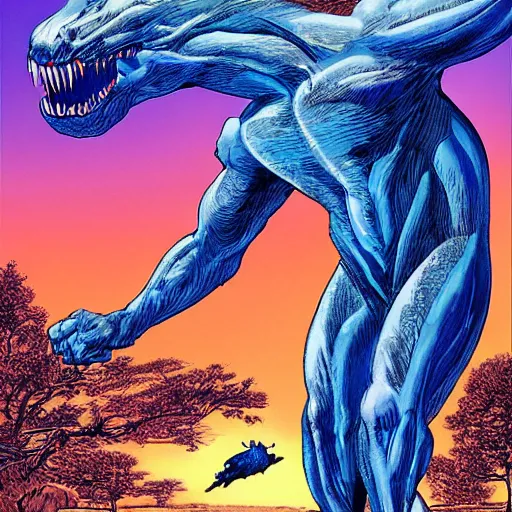 Image similar to blue by neal adams evocative, somber. a computer art of a large, looming creature with a long, snake body. many large, sharp teeth, & eyes glow. wrapped around a large tree, bent under the weight. small figure in foreground, a sword, dwarfed by the size of the creature.