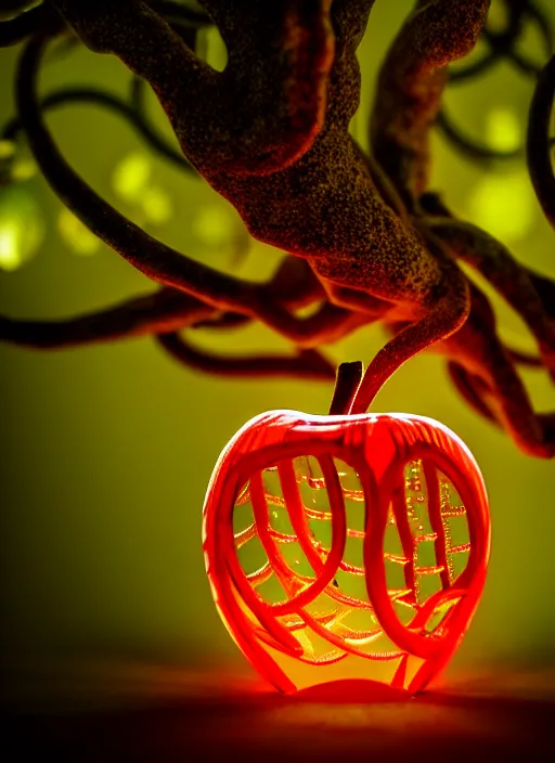 Image similar to intricate mechanical translucent apple with visible gears inside, growing off a tree, on the background of a weird magical mechanical forest. Very detailed 8k. Fantasy cyberpunk horror. Sharp. Cinematic post-processing