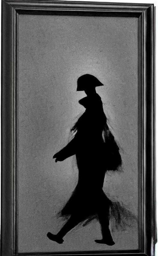 Image similar to black and white silhouette drawing of a person walking, white background by stanhope forbes