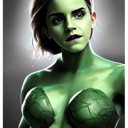 Image similar to emma watson as she hulk, realistic, intricate, elegant, art by artgerm and wlop