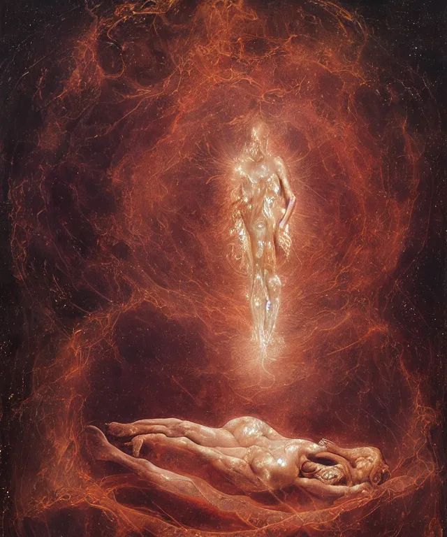 Prompt: Beautiful full-body wax sculpture of a glowing transparent nebula with a woman face with visible gold bones covered with melted white wax inside the singularity where stars becoming baroque folds of dark matter by Michelangelo da Caravaggio, Nicola Samori, William Blake, Alex Grey and Beksinski, dramatic volumetric lighting, highly detailed oil painting, the golden ratio intial composition, 8k, masterpiece