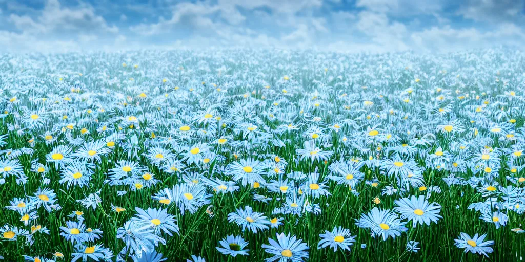 Prompt: field of light blue daisies, matte painting, white sky