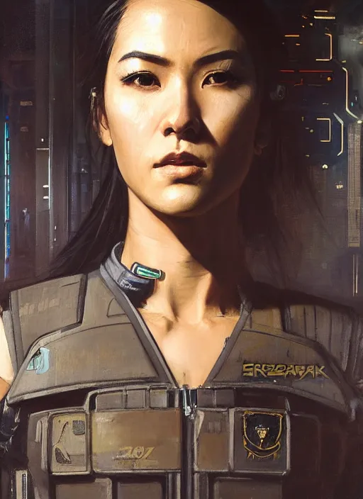 Prompt: Nikki tanaka. beautiful cyberpunk female USN marine wearing a military vest and combat gear. (Cyberpunk 2077, bladerunner 2049, rb6s). gorgeous face. Iranian orientalist portrait by john william waterhouse and Edwin Longsden Long and Theodore Ralli and Nasreddine Dinet, oil on canvas. Cinematic, hyper realism, realistic proportions, dramatic lighting, high detail 4k