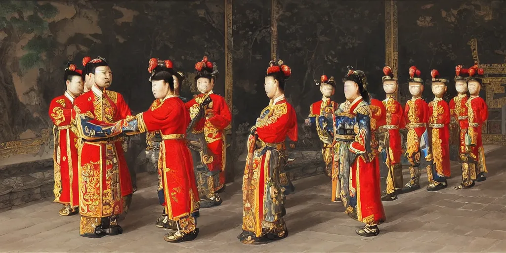 Prompt: Highly detailed and cinematic romantic period oil painting of Imperial Chinese palace guards bowing to the Chinese emperor, strong atmosphere, oil painting masterpiece by Josep Tapiró Baró, symmetry, fractals