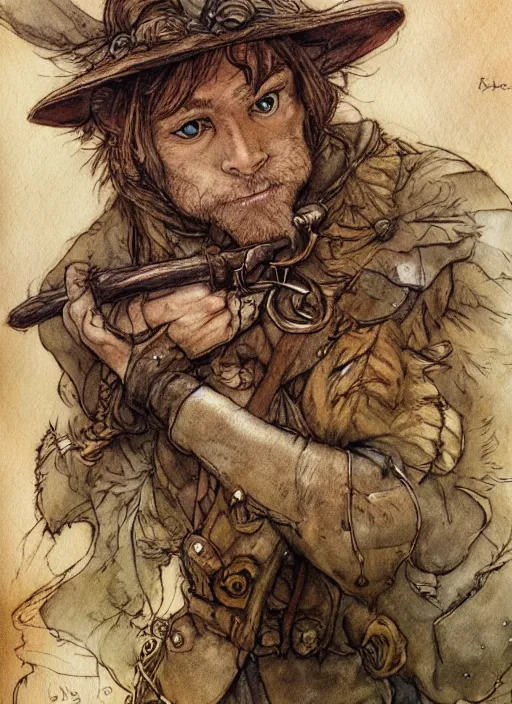 Prompt: portrait of a fox - faced ranger, human features, dnd, gwelf, highly detailed, perfect lighting, watercolor and ink illustration, muted colors. perfect composition, 4 k, by brian froud, larry macdougall, jean - baptiste monge, arthur rackham