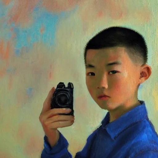 Prompt: impressionist painting of a chinese boy with buzz cut holding a camera