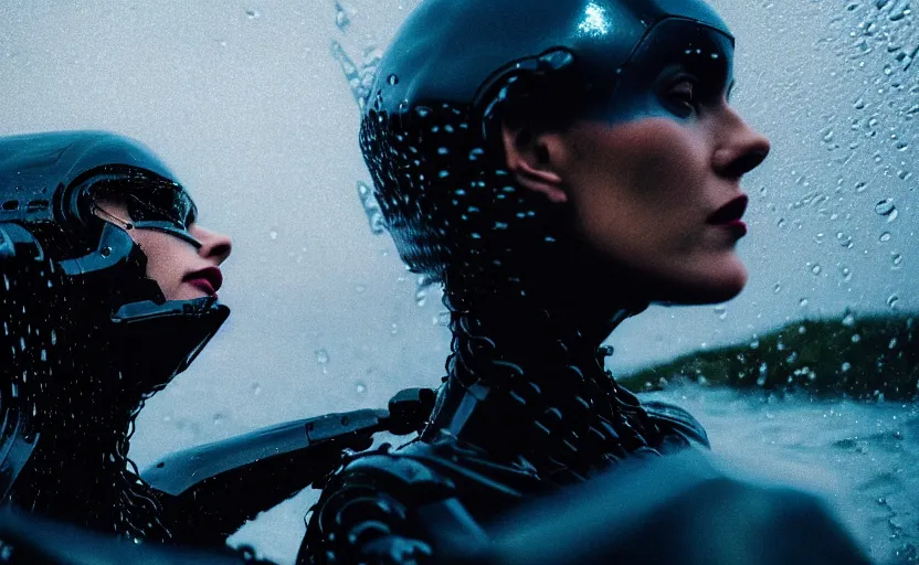 Image similar to cinestill 5 0 d candid action photographic portrait by quentin tarantino of two loving female androids wearing rugged black mesh techwear in treacherous waters, extreme closeup, modern cyberpunk retrofuturism moody emotional cinematic, pouring iridescent rain, 8 k, hd, high resolution, 3 5 mm, f / 3 2, motion blur, ultra realistic faces, ex machina