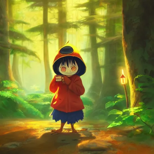 Image similar to concept art painting of an anthropomorphic luffy chipmunk wearing a yellow cloak, holding a lantern, in the deep forest, realistic, detailed, cel shaded, in the style of makoto shinkai and greg rutkowski and james gurney