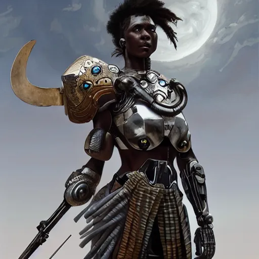 Image similar to a cyborg version of a maasai warrior carrying a futuristic spear and shield ultra realistic, concept art, intricate details, eerie, horror, highly detailed, photorealistic, octane render, 8 k, unreal engine. art by artgerm and greg rutkowski and alphonse mucha