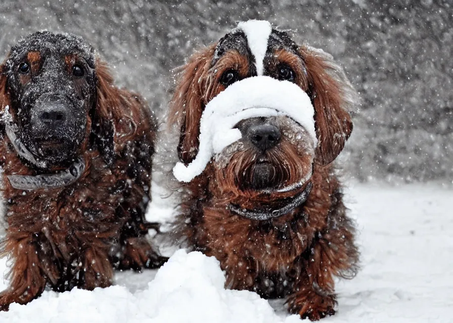 Image similar to Giant woolly dachshund with tusks, in the middle of a snow storm