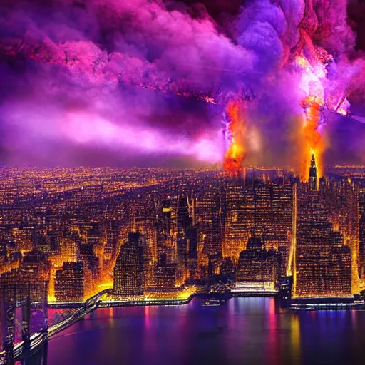 Image similar to new york burning purple fire, ultra detailed, great quality photograph