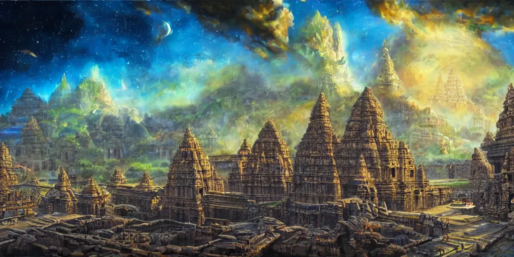 Prompt: fantasy oil painting, mega structure city, indore, kailasa temple, ellora, angkor wat, hybrid, looming, small buildings, warm lighting, street view, overlooking, interstellar space port launching dock, epic, distant mountains, bright clouds, luminous sky, cinematic lighting, michael cheval, david palladini, artstation, oil painting, natural tpose