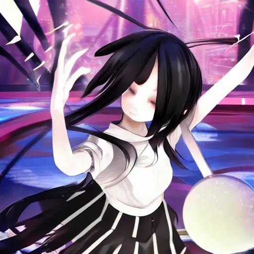 Image similar to luxury advertisement, astonishing artwork of a very beautiful dancing anime schoolgirl with black bob hair in style of cytus and deemo, full perfect face, she is dancing, set in Half-life. Realistic, highly detailed background, Pixiv, 120 degree view, drawn by Sasoura, Satchely and Akihiko Yoshida, no distortion