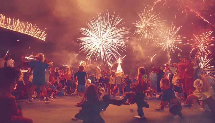 Image similar to 1 9 9 0 s candid 3 5 mm photo of a beautiful day in the living room, cinematic lighting, cinematic look, golden hour, a miniature amusement park in the living room is setting off fireworks, kids dance and point at the fire works, small mascots run around the room, uhd