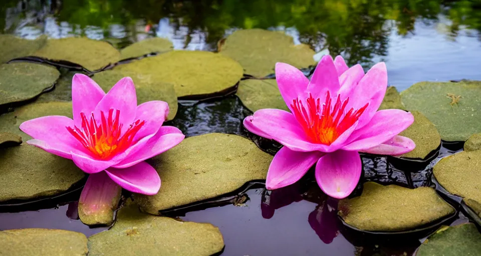 Prompt: zen master in a beautiful pink and red kimono quietly sitting in a rock garden overlooking a pond of lilly pads during a sublime sunrise, one sun, his dark silhouette completely obscured by bokeh, colorful masterpiece photography,