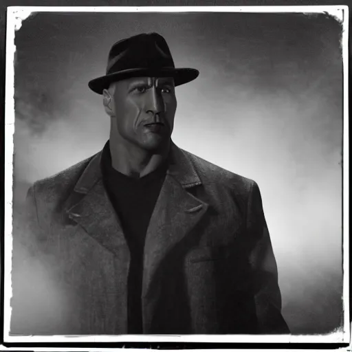 Prompt: The Rock as a 1940s Gangster, Noir, photo, epic detail, fog