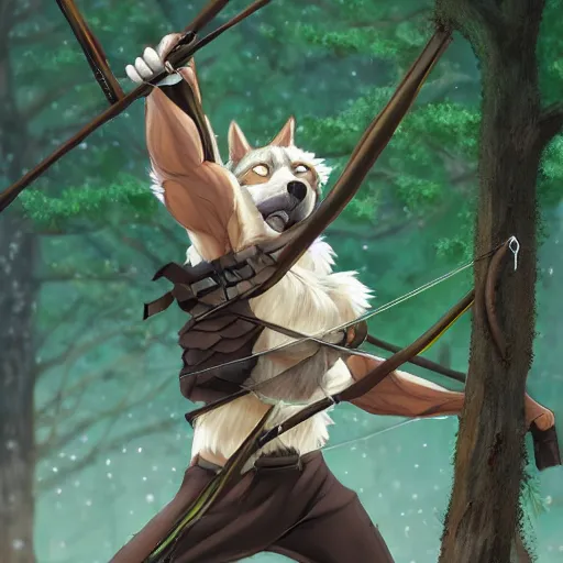 Image similar to muscular wolf archer aiming for a tree, fursona, anthro, male, detailed fur, detailed clothing, painting, makoto shinkai