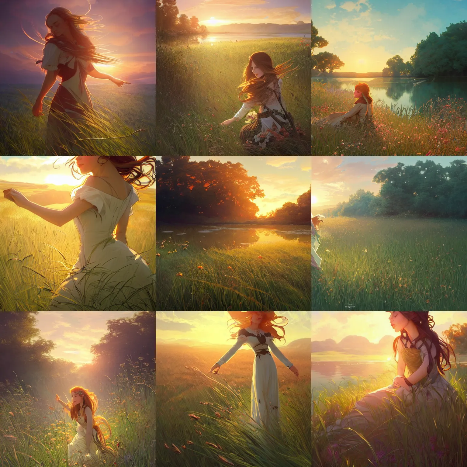 Prompt: a beautiful grassy meadow at sunset, lake, high fantasy, dnd, smooth, sharp focus, illustration, highly detailed, digital painting, artstation, concept art, by disney animation, rossdraws, alphonse mucha, frank fanzzeta