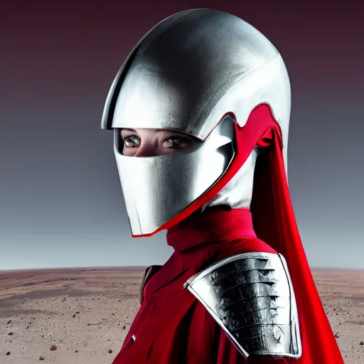 Prompt: headshot of a beautiful female soldier, no makeup, in glossy sleek white armor and a long red cape, head tilted upwards, determined expression, no helmet, on the surface of mars, cinematic, sci-fi, hyperrealistic, detailed