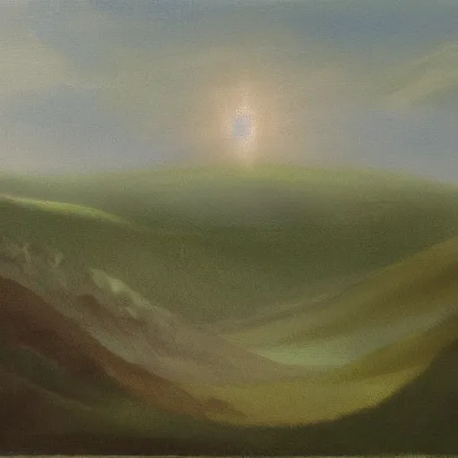 Prompt: landscape from another world represented in the style of Marjorie Frances Bruford, English painter, enhance lighting