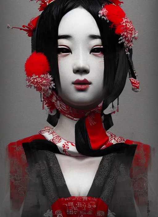 Image similar to maiko hungry, fluent composition, red white and black, concept art, ambient light, 4 k, intricate details, highly professionally detailed, cgsociety, highly detailed -