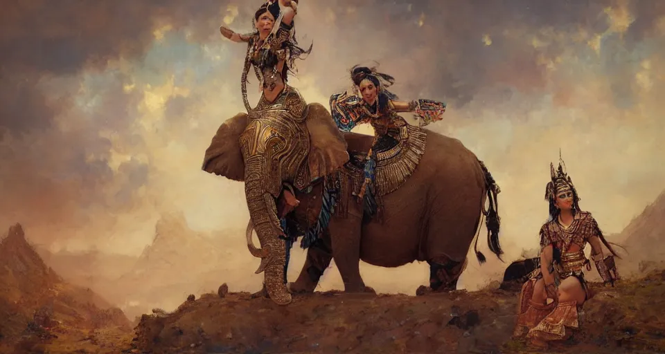 Image similar to portrait of the ethnic asian female wearing tribal armor, sitting on top of a war elephante poses by gaston bussiere, anna nikonova aka newmilky, greg rutkowski, yoji shinkawa, yoshitaka amano, tsutomu niehi