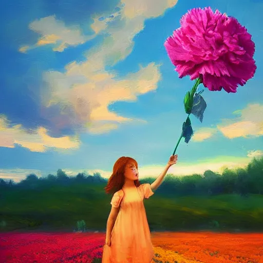 Prompt: girl with a giant carnation head, surreal photography, flower field, sunset dramatic light, impressionist painting, colorful clouds, blue sky, digital painting, artstation, simon stalenhag