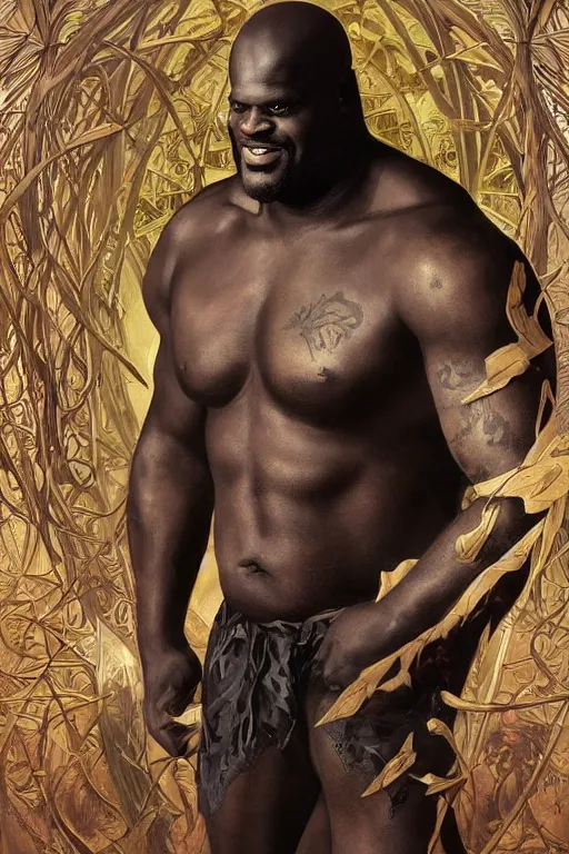 Image similar to portrait of shaquille o'neal as a hulking herculean demon, forest, godlike, full body, fantasy, intricate, elegant, highly detailed, digital painting, artstation, concept art, sharp focus, illustration, art by artgerm and greg rutkowski and alphonse mucha