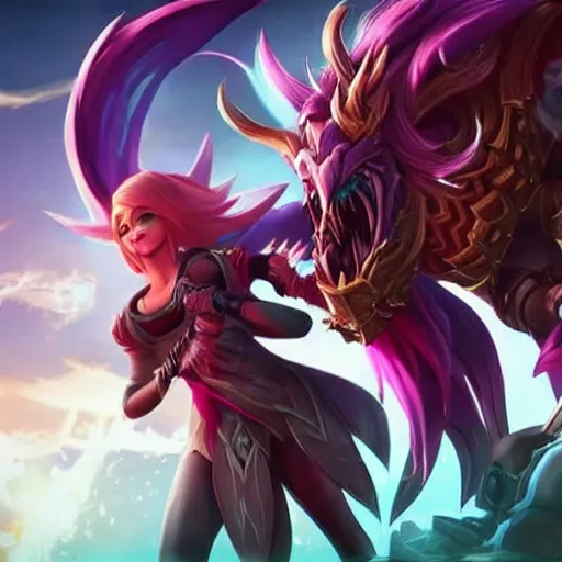 Image similar to league of legends cinematic, kai'sa and xayah are best friends, hyperrealistic