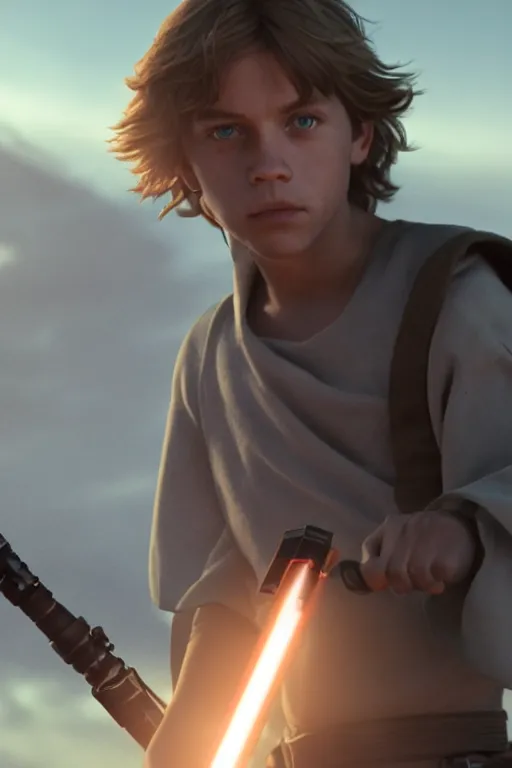 Prompt: young luke skywalker wielding a lightsabre in a heroic pose against a tattooine sunset, close up, dramatic lighting, octane render