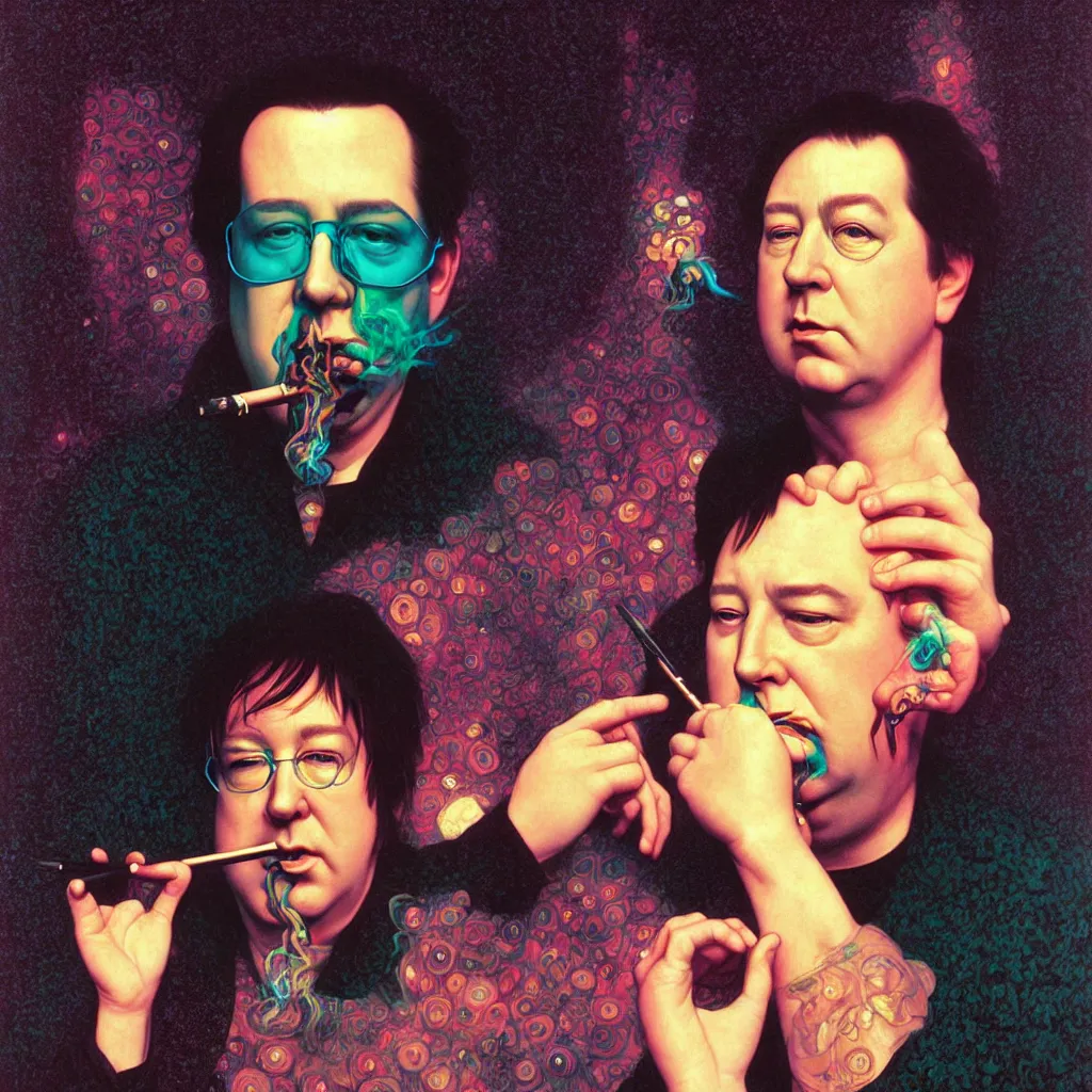 Image similar to weird and disturbing portrait of bill hicks smoking, vivid colors, neon, art by ( ( ( kuvshinov ilya ) ) ) and wayne barlowe and gustav klimt and artgerm and wlop and william - adolphe bouguereau