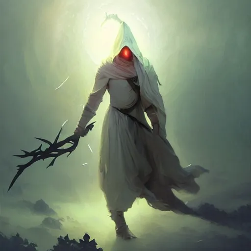 Prompt: ''cinematic shot'' white hooded mage ( specter ) holding a staff with leaves falling simetrical 8 k atmosferic realistic made by ivan aivazovsky, peter mohrbacher, greg rutkowski volumetric light effect broad light oil painting painting fantasy art style sci - fi art style realism premium prints available artwork unreal engine