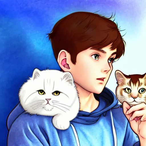 Image similar to teen boy with brown hair and big blue eyes, wearing a hoodie, holding a fluffy white persian cat, natural lighting, path traced, highly detailed, high quality, cartoon, digital painting, by don bluth and ross tran and studio ghibli and alphonse mucha, watercolor background