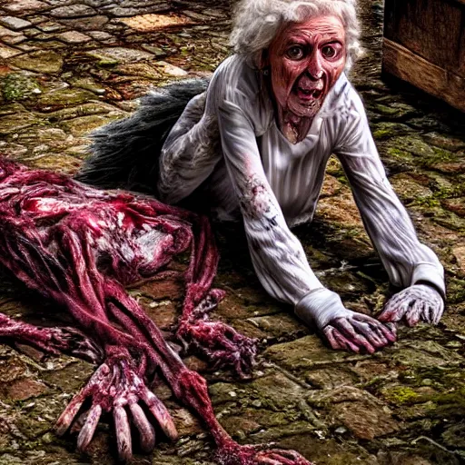 Image similar to an ultra realistic 8 k hdr photo of an elderly jagged raggedy witch woman circled up on the floor over a corpse with blood and meat and bones and mold and spider webs