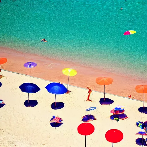 Image similar to photograph beachscapes from an almost perpendicular angle, Aerial view of sandy beach with umbrellas and sea, Aerial of a crowded sandy beach with colourful umbrellas, sun bathers and swimmers during summer, by Tommy Clarke